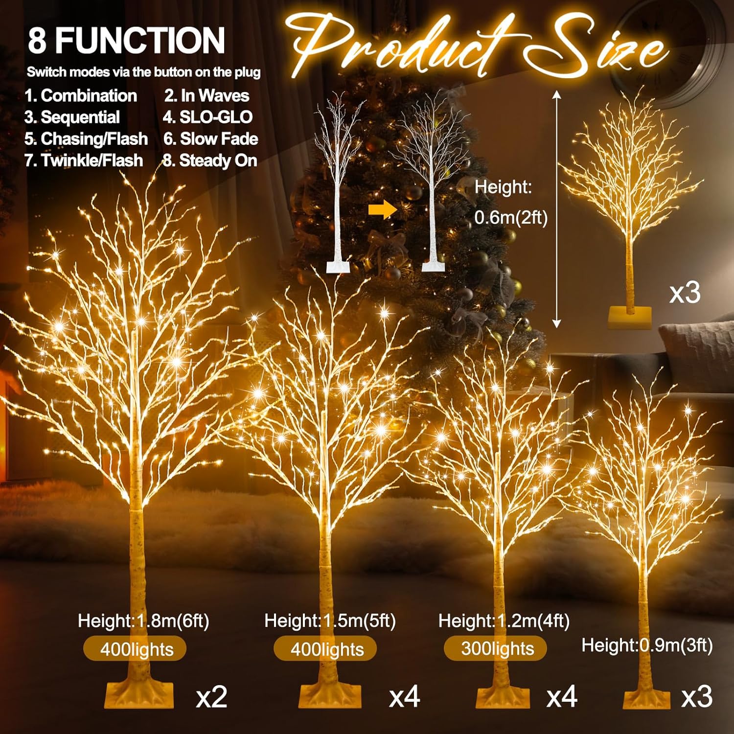 16 Pcs Lighted Birch Tree 8 Modes Christmas Artificial LED Warm White Lights Birch Tree for Indoor and Outdoor Home Decor Thanksgiving Holiday Decoration (2ft 3ft 4ft 5ft 6ft)