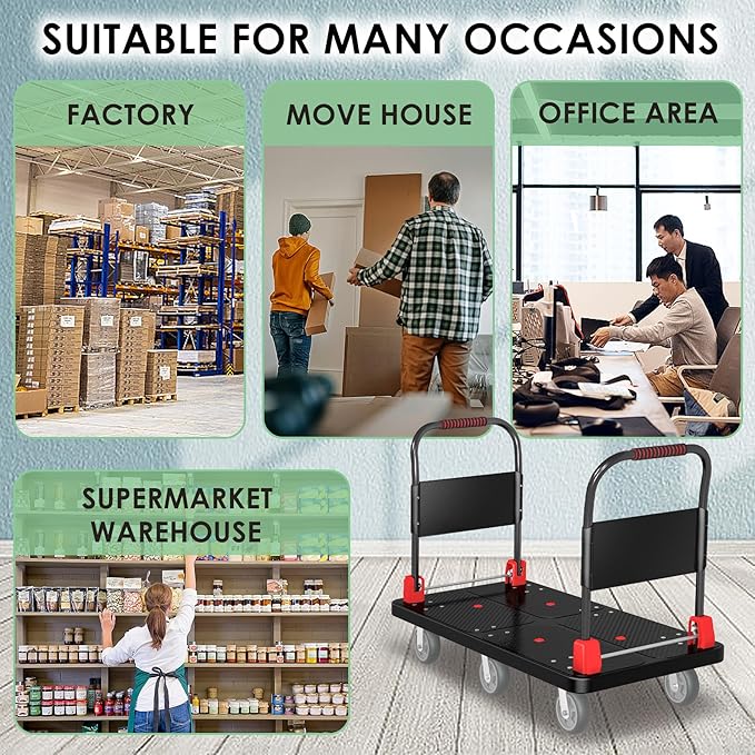 Heavy-Duty Platform Truck Cart with 2 Handrails and 6 of 6" Wheels 2200lbs Capacity Foldable Push Cart Dolly Large Flatbed Hand Cart Moving Dolly Cart for Groceries,Garage,Warehouse (50" Lx27 W)
