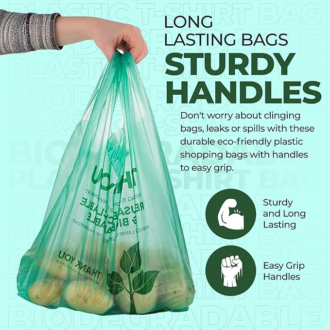 500 Biodegradable Compostable Thank You Plastic Bags - Grocery Shopping Bags with Handles [12" X 6.5" X 22"] Eco Friendly Green Plastic T Shirt Bags for Small Business Restaurant Supplies Retail Store
