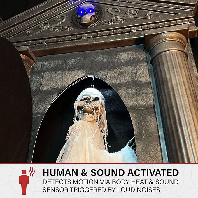 Haunted Hill Farm 6.7-Ft Animatronic Mausoleum by Tekky, Halloween Animatronic, Spooky House Wall Decoration, Creepy Indoor & Covered Outdoor Party Decor Motion-Activated Lights & Sound, LifeSize