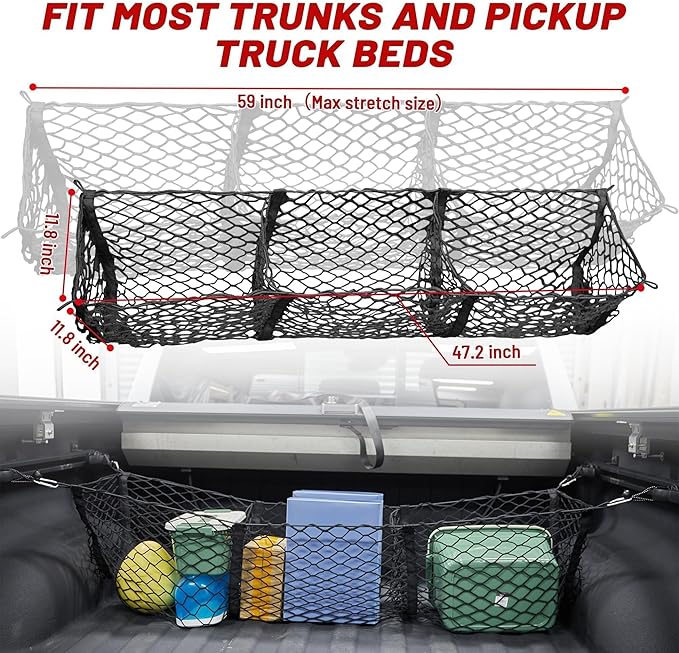 RED WOLF 3 Pocket Truck Bed Cargo Net for Toyota Ford Dodge GMC Chevy Silverado, Universal Pickup Mesh Storage Net 47.2" x 11.8" Stretchable Elastic Truck Bed Grocery Holder Net with 4 Ball Bungees