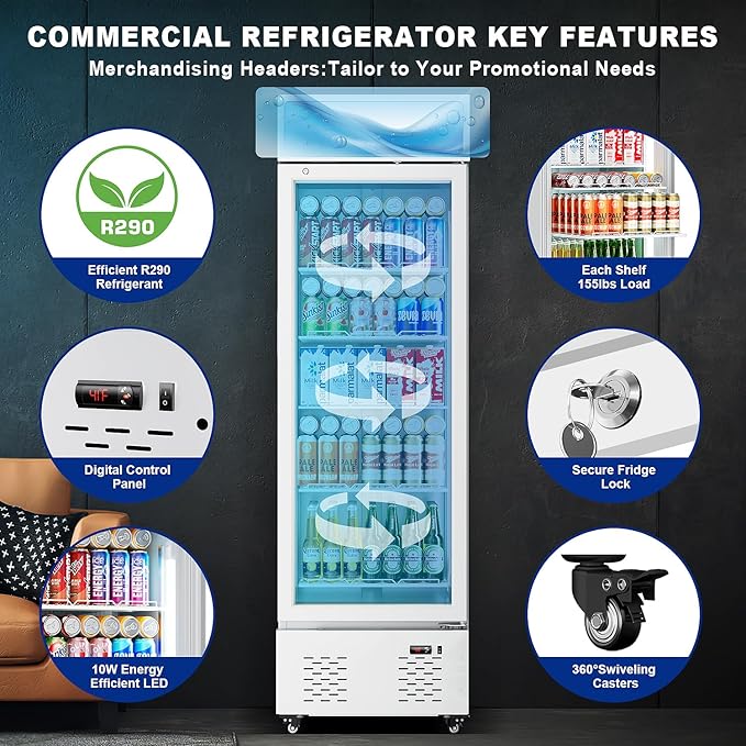 12 Cu.ft. Commercial Beverage Fridge Merchandiser Refrigerator Glass Door Upright Display Cooler with LED Light and Adjustable Shelves for Restaurant Grocery Stores Home, White