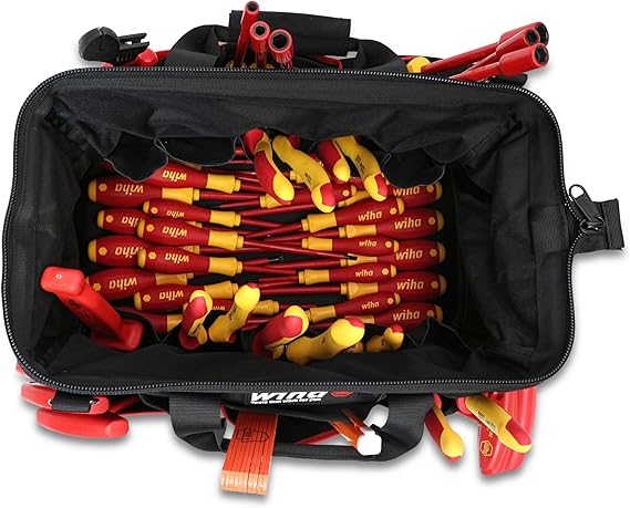 Wiha 32874 Insulated Tool Set with Pliers, Cutters, Nut Drivers, Screwdrivers, T Handles, Knife, Ruler and Voltage detector, 50 Piece Set in Canvas Tool Bag