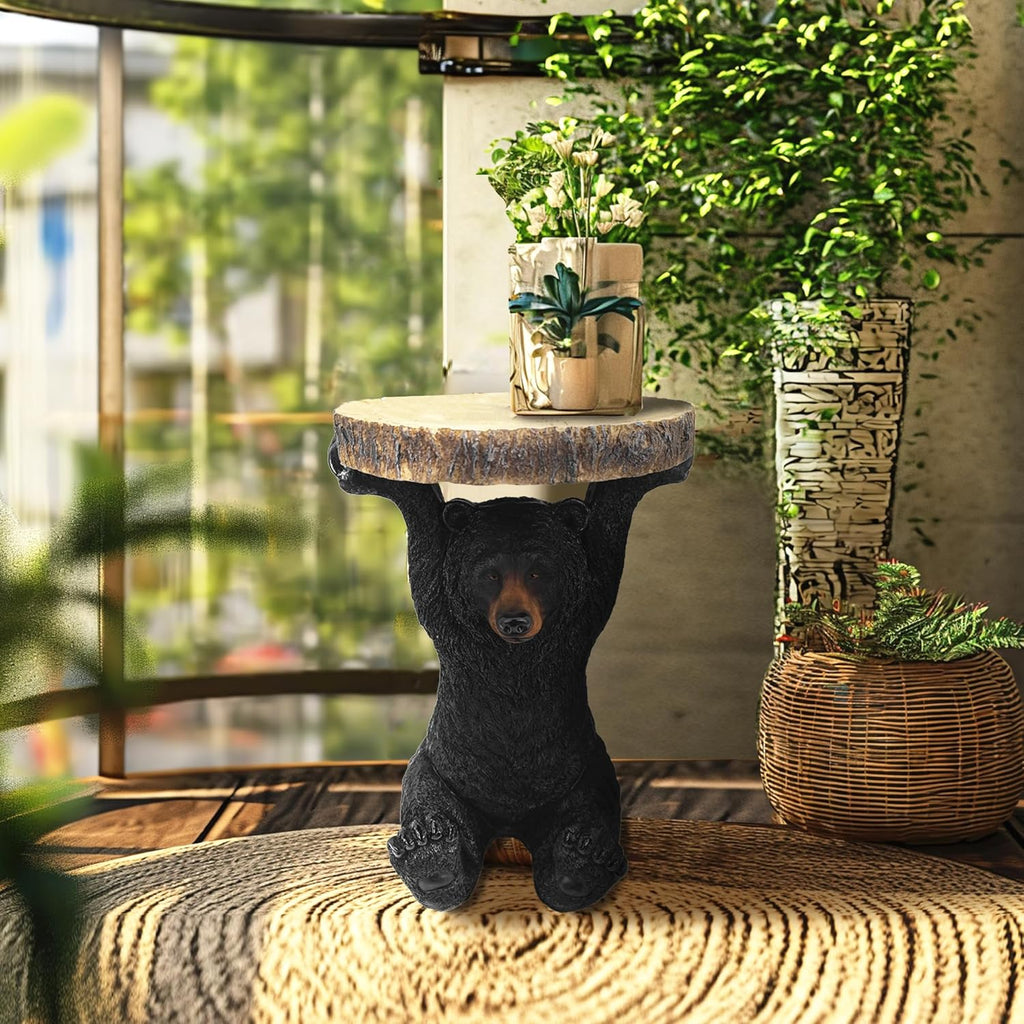 American Black Bear Side Table Pedestal End Table Stool Resin Bear Statue Hand Painted Sculpture Home Office Living Room Decor