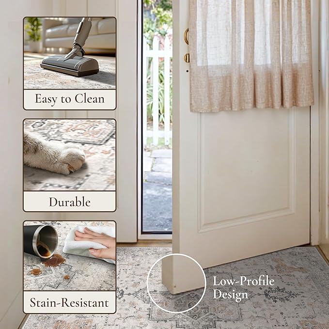 GENIMO 5X7 Area Rugs for Living Room, Machine Washable Non Slip Vintage Rugs, Low Pile Lightweight Chenille Print Rug for Bedroom, Dining Room, Home Office, Light Taupe Brown