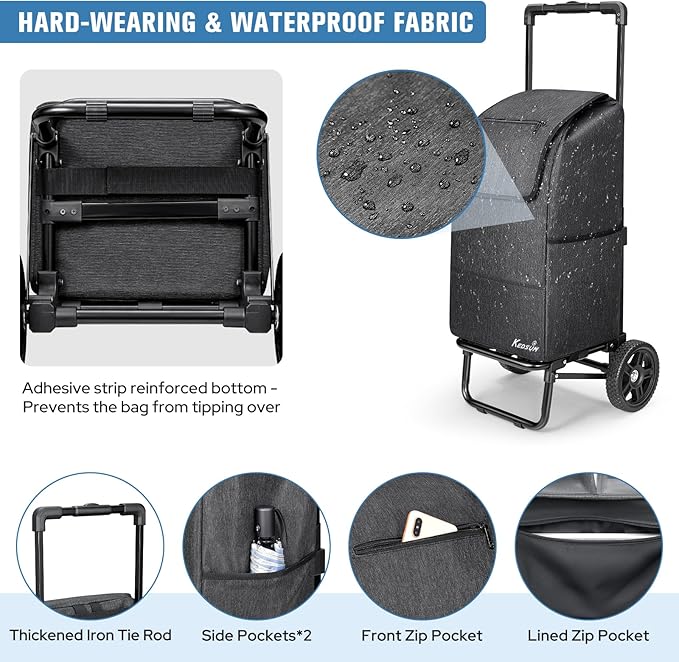 KEDSUM 2 in 1 Shopping Cart for Groceries, 330 lbs Grocery Cart on Wheels, Foldable Utility Carts with Wheels, Hand Truck with Waterproof Tote Bag for Shopping, School, Laundry, Craft Show, Black