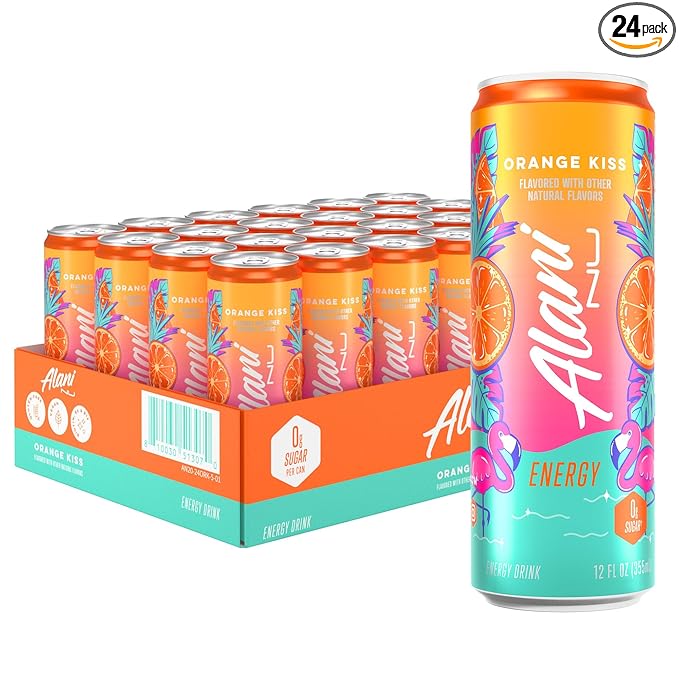 Alani Nu ORANGE KISS Ice Sugar Free, Low Calorie Energy Drinks | 200mg Caffeine | Antioxidants | Biotin, B Vitamins | Zero Sugar | 15 Calories or Less | 12 Oz Cans | 24 Count