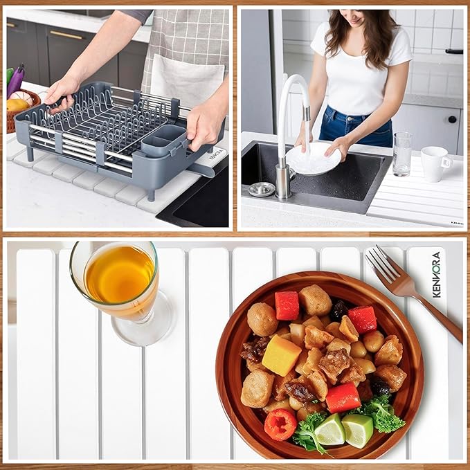 Large Stone Dish Drying Mat for Kitchen Counter, 24"×16", Foldable Quick Dry Stone Mat for Kitchen Sink, Non Slip Quick Drying Diatomaceous Earth For Any Countertop