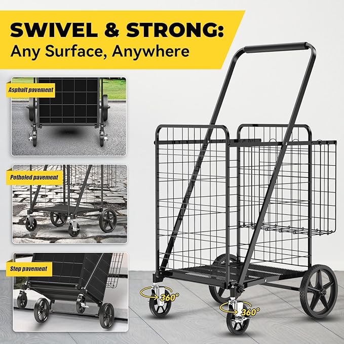 Folding Shopping Cart for Groceries with Braked Rolling Swivel Wheels - Extra Large Heavy Duty Grocery Cart with Double Basket & Removable Waterproof Liner, Upgraded Laundry Utility Cart