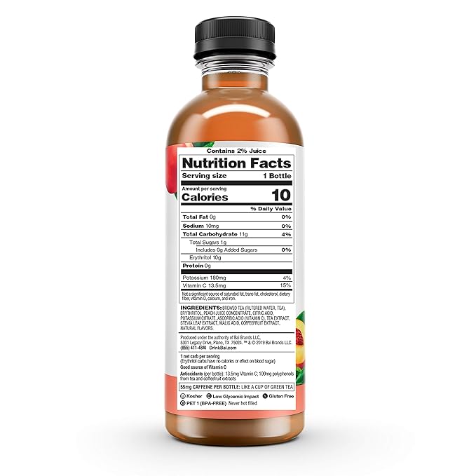 Bai Iced Tea, Narino Peach, Antioxidant Infused Supertea, Crafted with Real Tea (Black Tea, White Tea), 18 Fluid Ounce Bottles, 12 count