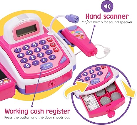 Prextex Cash Register Toy for Kids Pretend Play Set - Grocery Store Electronic Toy - STEM Cash Register for Kids with Microphone, Play Money, and Shopping Cart - Kids Checkout Toys with Scanner- Pink