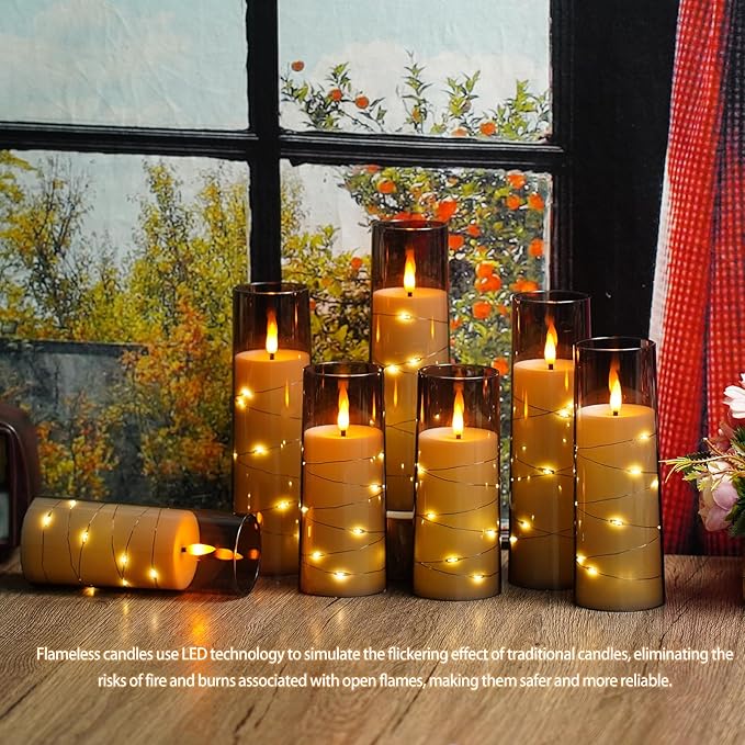 Flickering Flameless LED Candles,Battery Operated Candles 24 Pcs with Embedded Star String,Acrylic LED Pillar Candles with Remote,Suitable for Home Decoration to Create an Atmosphere (Grey)