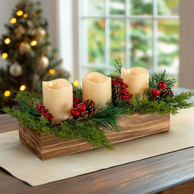 Christmas Candle Holder Centerpiece with 3 Flameless Candle, Pine Cones and Gold Red Berry Wood Table Centerpiece for Festival Home Christmas Decoration