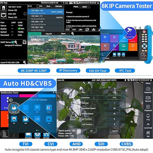 Rsrteng CCTV Camera Tester, 8K 32MP 4K 12MP IP Camera Tester 8MP AHD CVI TVI SDI Coaxial Camera Test Digital Multimeter Cable Tester Network Tools