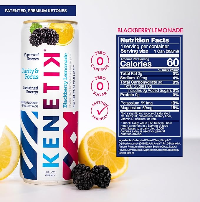 Kenetik Ketone Drink, Caffeine & Sugar Free, Keto Friendly Ready to Drink Ketones for Energy & Focus, High Performance D-BHB Ketone Mix, Fuel w/Zero Crash or Jitters (12 Fl Oz (Pack of 12), Blackberry Lemonade)