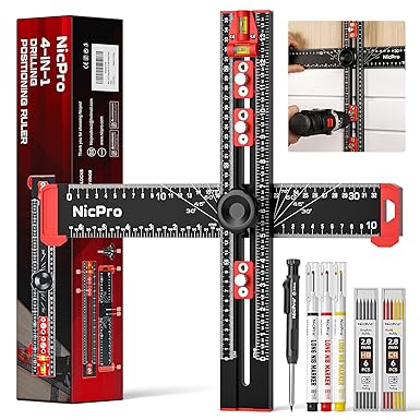 Nicpro 4-in-1 Drilling Positioning Scribing Ruler, Adjustable Multifunctional T Square Ruler with Carpenter Pencil, Carpenters Square Tools for Woodworking, Cabinet Drawer Door Hole Drilling Template
