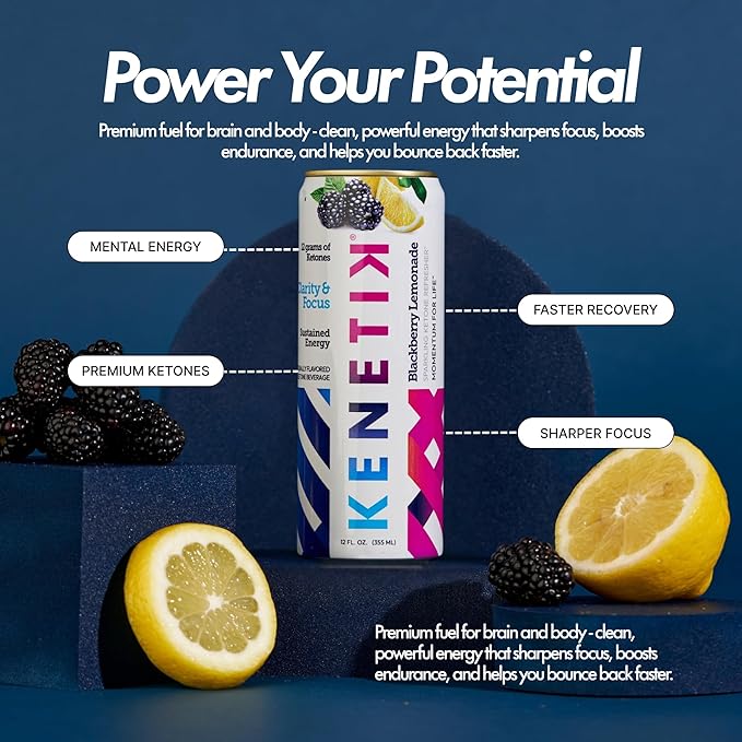 Kenetik Ketone Drink, Caffeine & Sugar Free, Keto Friendly Ready to Drink Ketones for Energy & Focus, High Performance D-BHB Ketone Mix, Fuel w/Zero Crash or Jitters (12 Fl Oz (Pack of 12), Blackberry Lemonade)