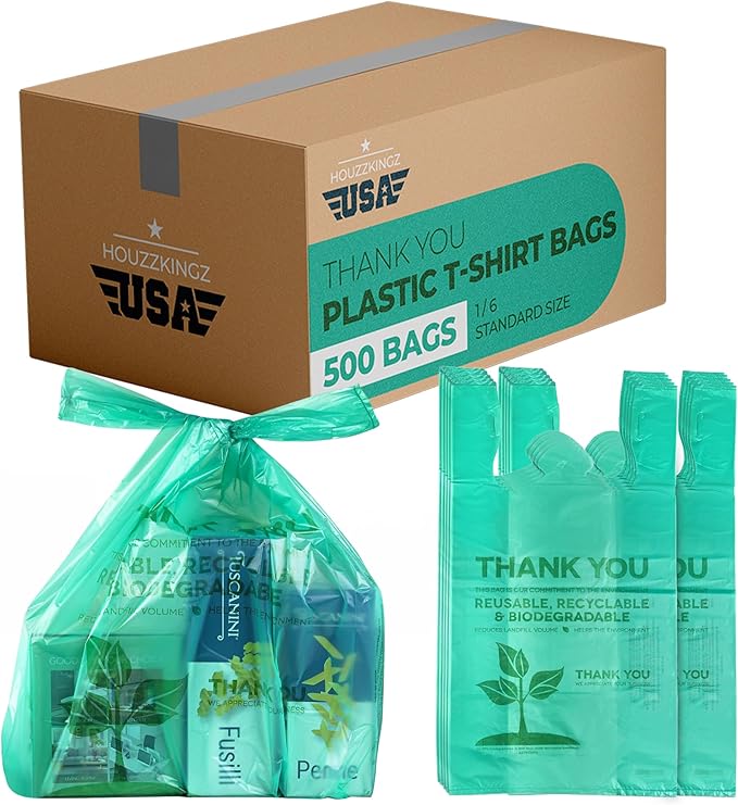 500 Biodegradable Compostable Thank You Plastic Bags - Grocery Shopping Bags with Handles [12" X 6.5" X 22"] Eco Friendly Green Plastic T Shirt Bags for Small Business Restaurant Supplies Retail Store
