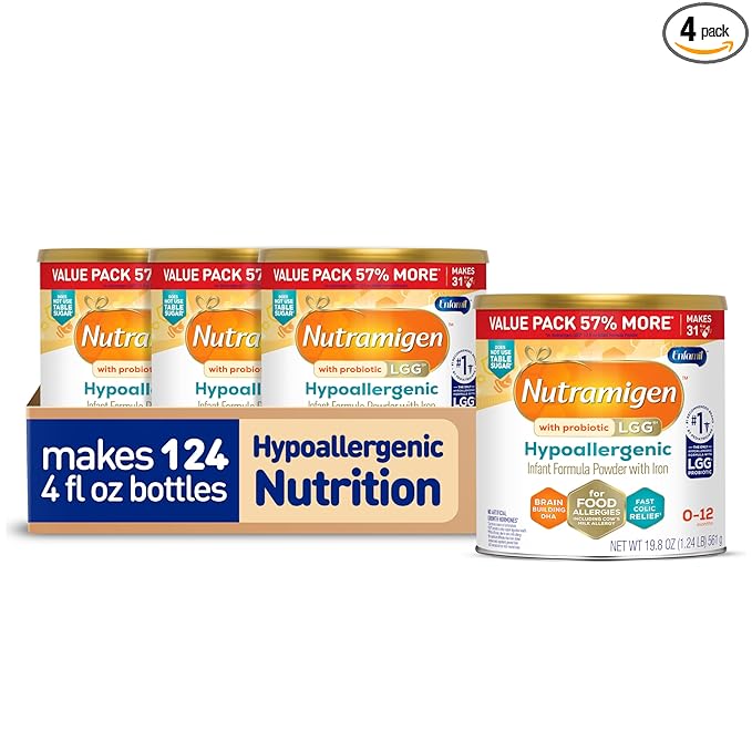 Enfamil Nutramigen Hypoallergenic Baby Formula with Iron, Lactose Free, Colic Relief from Cow's Milk Allergy Starts in 24 Hours, Brain Building DHA, Probiotic LGG for Immune Support, 19.8 Oz, 4 Count