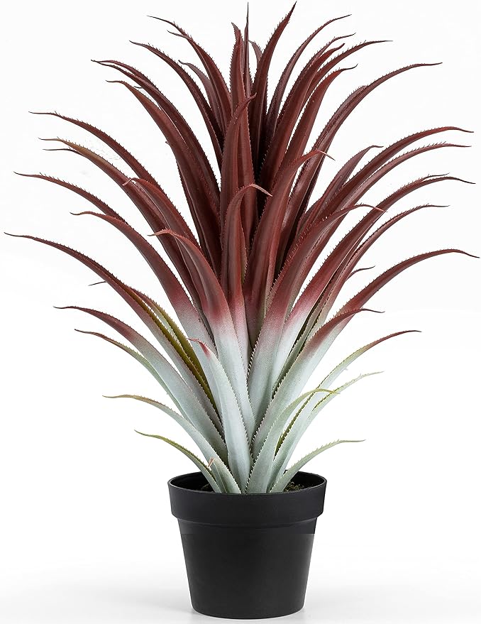 SUNPRAIRIE Hyper Realistic Big Red Artificial Aloe Vera Plant 26 Inches Tall. Large Faux Agave in Matte Black Pot.