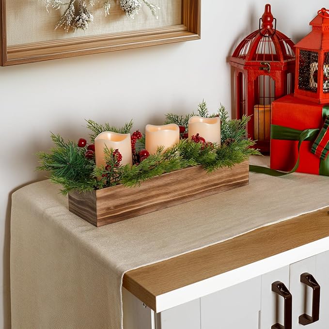 Christmas Candle Holder Centerpiece with 3 Flameless Candle, Pine Cones and Gold Red Berry Wood Table Centerpiece for Festival Home Christmas Decoration