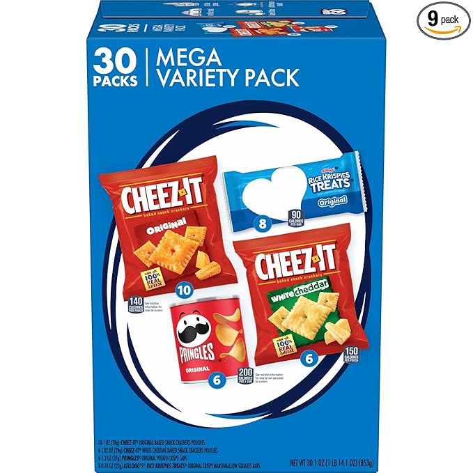 Kellogg's Cheez-It, Pringles & Rice Krispies Treats Snacks Mega Variety Pack, 30.1oz Box (30 Count)