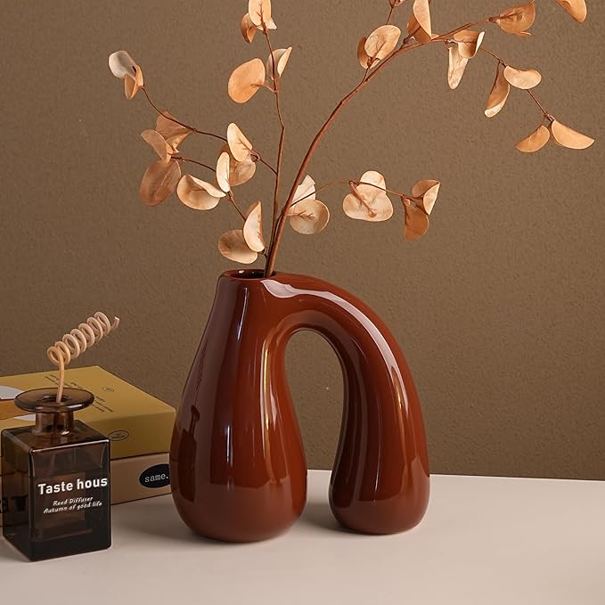 Brown Ceramic Decorative Pitcher Vase, 7.5 in – Glossy Sculptural Arch-Handle, Warm Earth-Tone Home Décor for Fresh or Dried Floral Arrangements, Table/Shelf/Entryway, Giftable