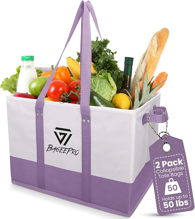 2Pack Collapsible Tote Bags | Large Reusable Grocery Bag | Heavy Duty Shopping Bag with Handles for Food and Storage