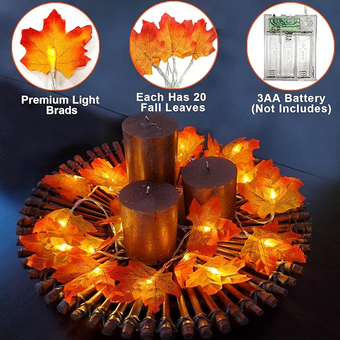 TURNMEON 2 Pack Thanksgiving Decorations Enlarged Maples Leafed Lights Total 20Ft 40LED Fall Decorations for Home, Battery Operated Autumn Garland Waterproof Indoor Outdoor Holiday Christmas Halloween