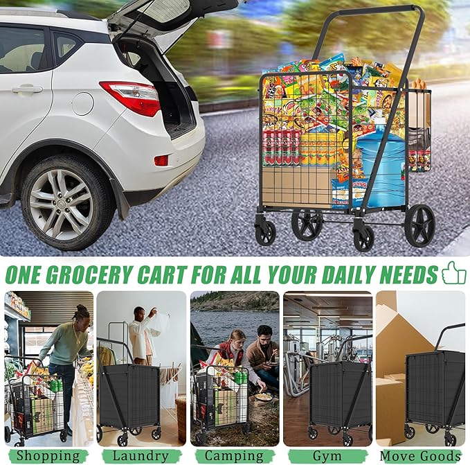 Heavy Duty Folding Shopping Cart with 360° Swivel Wheels, Waterproof Bag, Jumbo Utility Carts for Grocery, Laundry, Holds Up to 440 LBS, 37.5 Gallon
