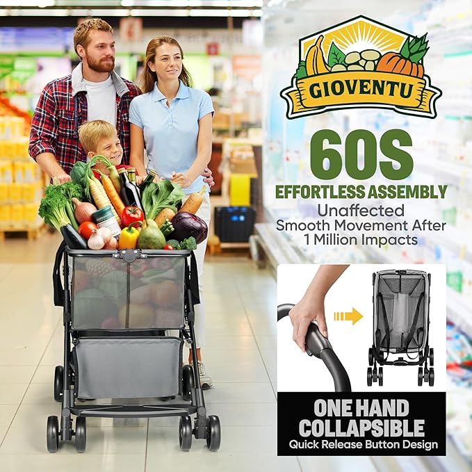 𝐔𝐩𝐠𝐫𝐚𝐝𝐞𝐝 Folding Shopping Cart with Wheels (80lbs), Collapsible Grocery Carts with 360° Wheels & Removable Tote Bag, Multi Use Portable Personal Shopping Carts for Groceries, Gray