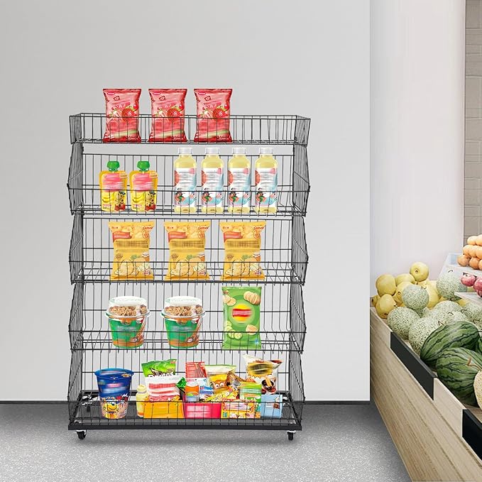 5-Shelf Retail Display, Wire Shelving with Wheels and Hook Heavy-duty Metal Snack Display Organizer, Retail Shelf for Supermarket Grocery Store Home Kitchen