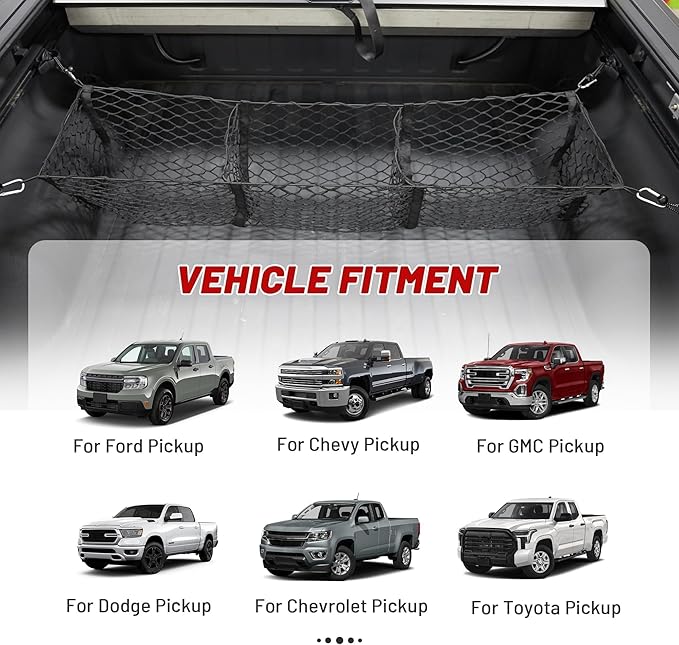 RED WOLF 3 Pocket Truck Bed Cargo Net for Toyota Ford Dodge GMC Chevy Silverado, Universal Pickup Mesh Storage Net 47.2" x 11.8" Stretchable Elastic Truck Bed Grocery Holder Net with 4 Ball Bungees