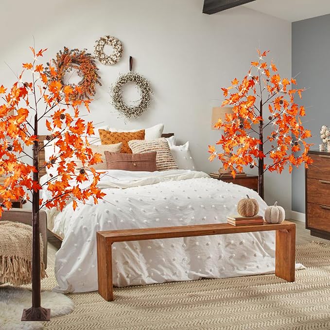 Fall Tree with Lights, 2 Pack 6FT Lighted Maple Tree, Prelit Artificial Tree Thanksgivng Decor, Dimmable Autumn Tree Lights, Lighted Fall Tree for Home Decor Harvest Halloween Decorations