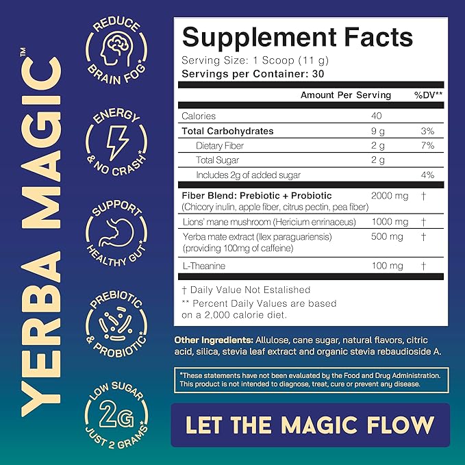 Yerba Magic – Yerba Mate Tea Instant Powder Super Drink with Nootropics, Prebiotics & Probiotics – Clean Energy, Mental Clarity & Gut Wellness | Low Sugar, Natural Caffeine – Peach Mango, 30 Servings