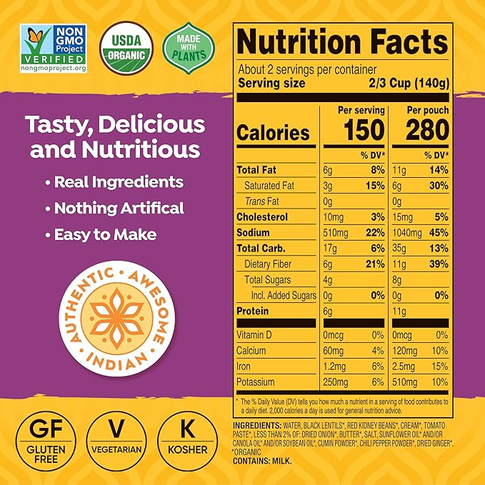 Tasty Bite Organic Madras Lentils, 10 Ounce, Pack of 6, Ready to Eat, Microwavable Entree, Vegetarian