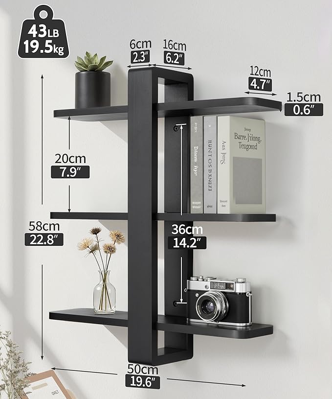 SUMGAR Black Floating Shelves for Wall Mounted Shelving Unit All Pine Wood 3 Tier Large Shelf for Bedroom Living Room Office Bathroom Home Decoration Storage Plant Photo Display Modern 20in