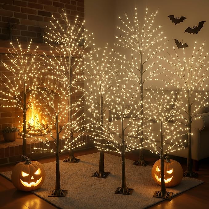 Baquler 8 Pack Lighted Birch Tree - Halloween LED Light Brown Birch Tree Decoration for Christmas Holiday Fall Winter Party Decor, Indoor & Outdoor (4 5 6 8 ft)
