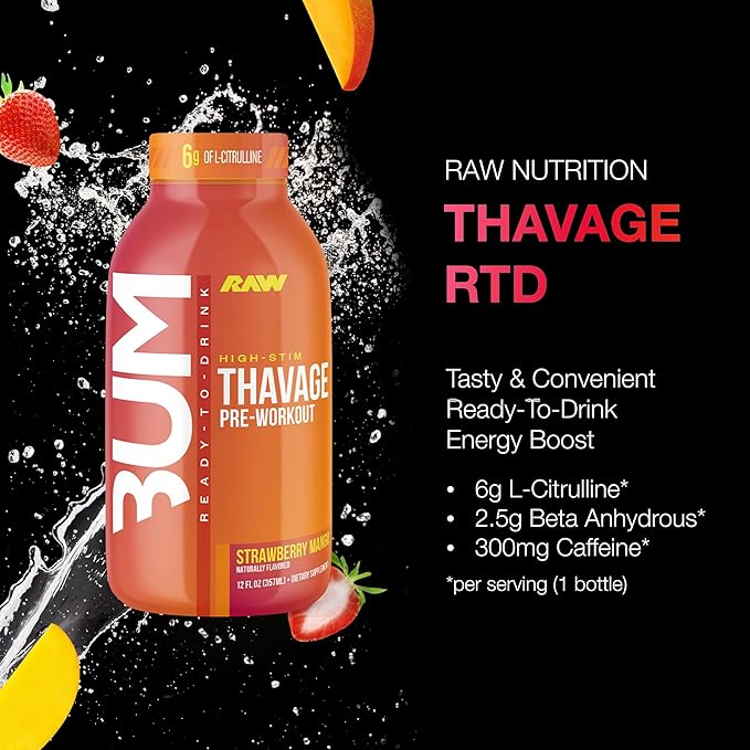 RAW Ready to Drink Pre-Workout Drink - BUM Thavage RTD Preworkout Shakes - Energy Supplement Drinks with Beta Alanine, L-Citrulline & Caffeine - Zero Sugar (12 Pack, Strawberry Mango)