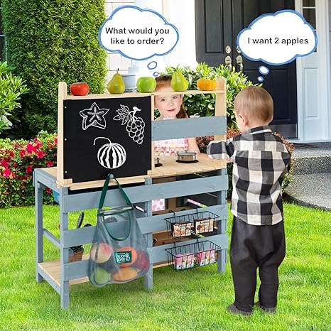 KOTEK 2 in 1 Mud Kitchen, Outdoor Play Kitchen & Grocery Playset w/Removable Sink, Water Tank & Faucet, Stoves, Oven, Blackboard, Storage Bag & Baskets, Double Side Wooden Mud Table for Kids Outdoor