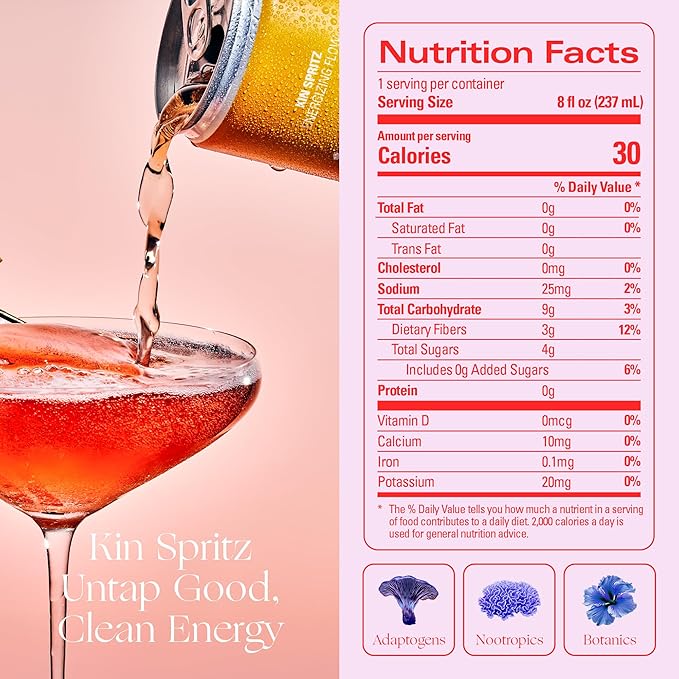 Kin Euphorics Kin Spritz Non-Alcoholic Functional Beverage | Invigorating Booster | Adaptogen & Nootropic Drink | Rhodiola Rosea, 5-HTP, GABA | Ready to Drink | 8 Fl Oz (16pk)