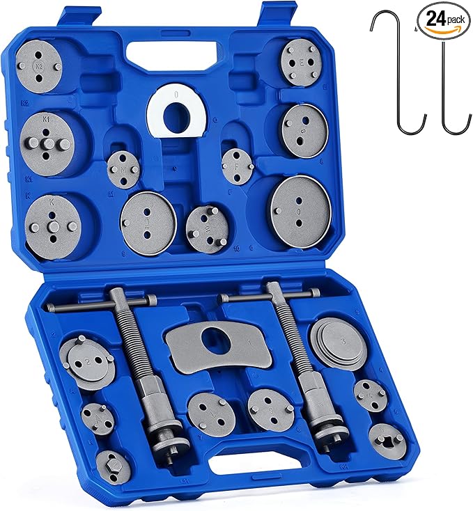 Orion Motor Tech 24pc Brake Caliper Compression Tool Set, Heavy Duty Brake Piston Compressor Tool and Wind Back Tool Kit for Brake Pad Replacement, Universal Disc Brake Caliper Tool Set with Blue Case