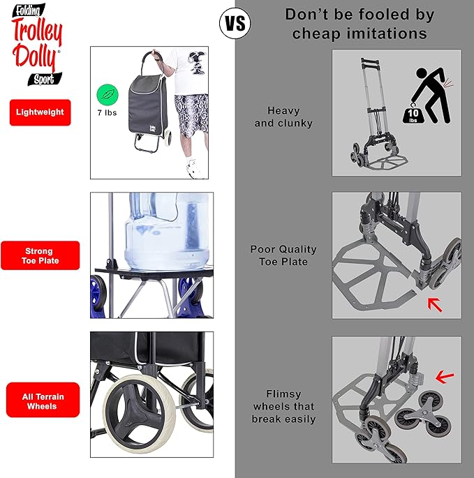 dbest products Trolley Dolly Sport – Foldable Grocery Cart on Wheels – Multi Use Rolling Cart with Removable Bag and Hand Truck Dolly Function, Black