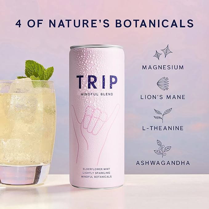 Trip Mindful Blend, Lightly Sparkling Adaptogen Seltzer, Mocktail w/ 120mg Magnesium Citrate with Ashwagandha, Lions Mane & L Theanine, No Added Sugar, Vegan, Original Variety Pack, 12 Oz, 12Pk