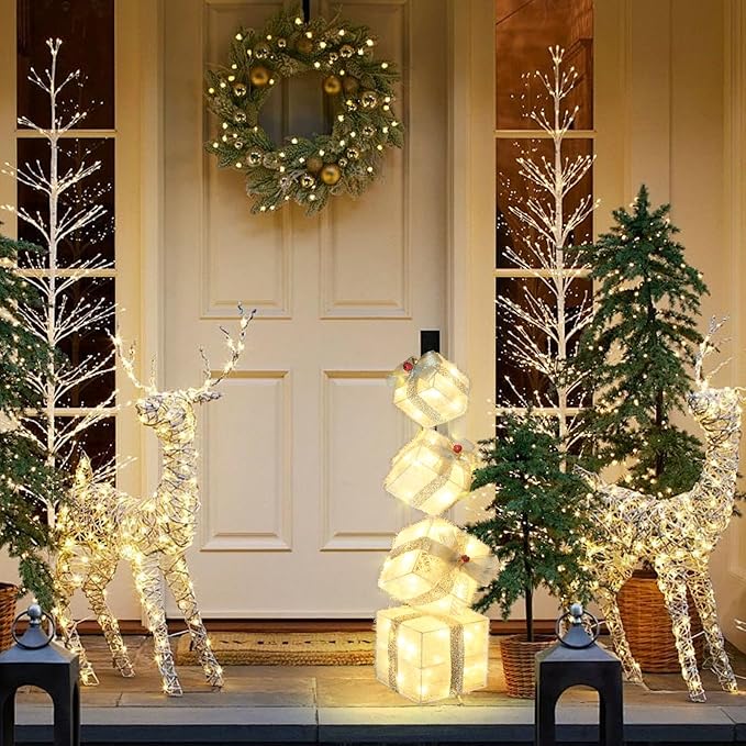 Christmas Lighted Gift Boxes Decorations Set of 4, 2.8Ft Stackable Christmas Nesting Boxes Battery Operated with Timer for Home and Party Decoration