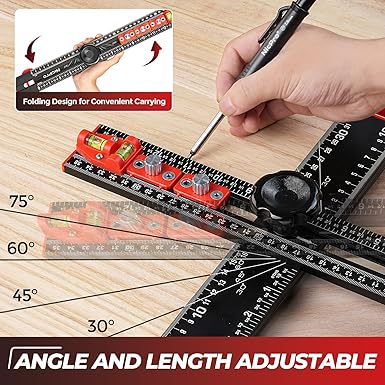 Nicpro 4-in-1 Drilling Positioning Scribing Ruler, Adjustable Multifunctional T Square Ruler with Carpenter Pencil, Carpenters Square Tools for Woodworking, Cabinet Drawer Door Hole Drilling Template