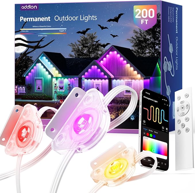 addlon 200FT Permanent Outdoor Lights, RGB+IC Smart LED Outdoor Lights for House, App & Remote Control, DIY Scene Mode, IP67 Waterproof Christmas Light, Holiday, Party, Halloween Decorations