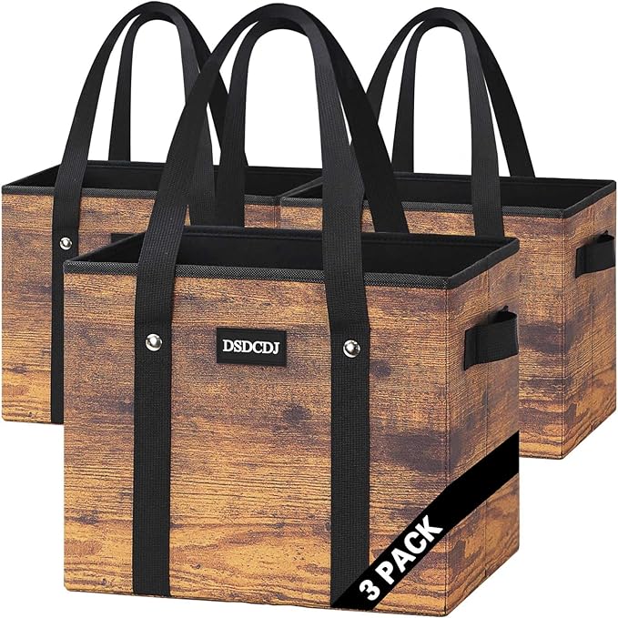 Reusable Grocery Bags - Heavy Duty Reusable Shopping Bags with Hard Bottom & Long Handles, Foldable Large Tote Bags with Box Shape to Stand Up - for Kitchen, Picnic, 3 Pack, Rustic Brown