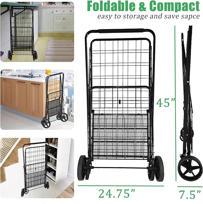 Heavy Duty Folding Shopping Cart with 360° Swivel Wheels, Waterproof Bag, Jumbo Utility Carts for Grocery, Laundry, Holds Up to 440 LBS, 37.5 Gallon