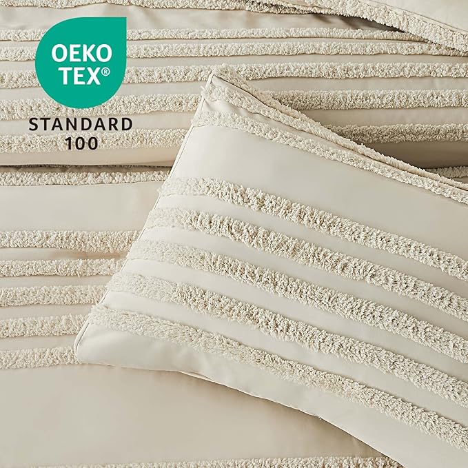 BEDELITE Boho Comforter Set Queen Size, Beige Tufted Striped Bed Set 3 Pieces, Soft Vintage Farmhouse Comforter for All Seasons, Boho Home Decor,Fluffy Jacquard Bedding with 2 Pillow Shams